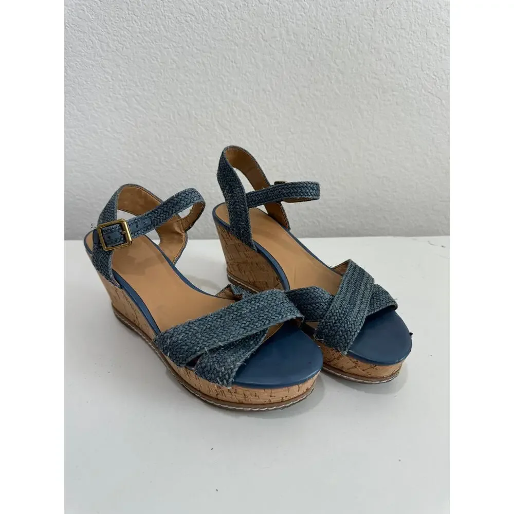 Franco Sarto Cara Espadrille Wedge Mary Jane Sandals Blue Woven 6.5M